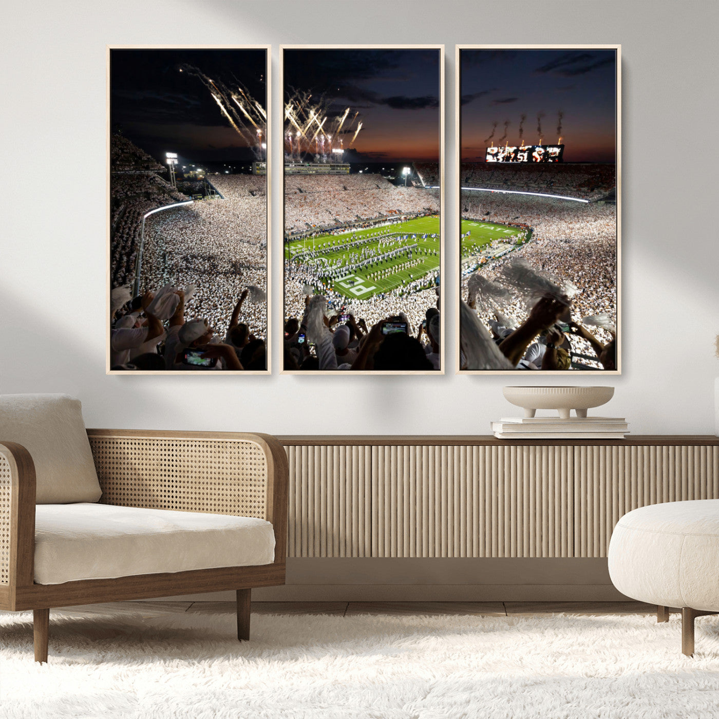MGV-FC-48X32-3P - Penn State Stadium Wall Art Print, White Out Football Game Canvas Wall Art, Framed Sports Stadium,
