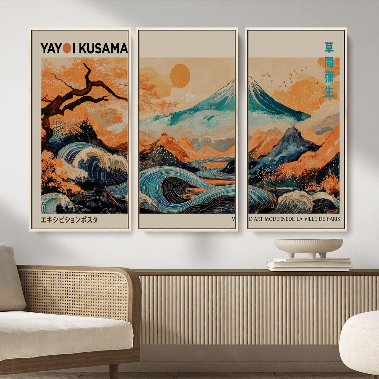94085549-MGV-CV-36X24 - Yayoi Kusama Japanese Landscape Wall Art Canvas Print – Modern Abstract Mount Fuji Wall Art - Japanese Waves & Autumn Trees Print