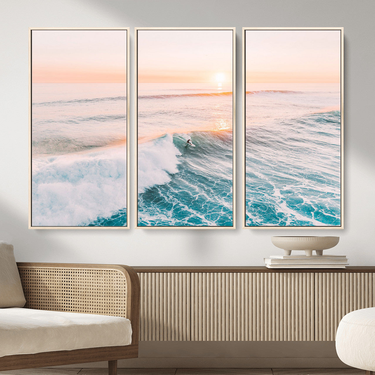 34064591-MGV-CV-36X24 - Sunset Surfing Wall Art Canvas Print, Ocean Wave Surfer with Golden Sky Artwork for Home, Office, Living Room