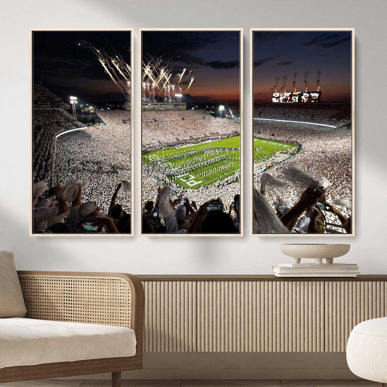 11221988-MGV-FC-48X32-3P - Epic Night Football Stadium Wall Art Canvas Print, Fireworks and Crowd Energy Game Day Excitement Decor for Home, Office