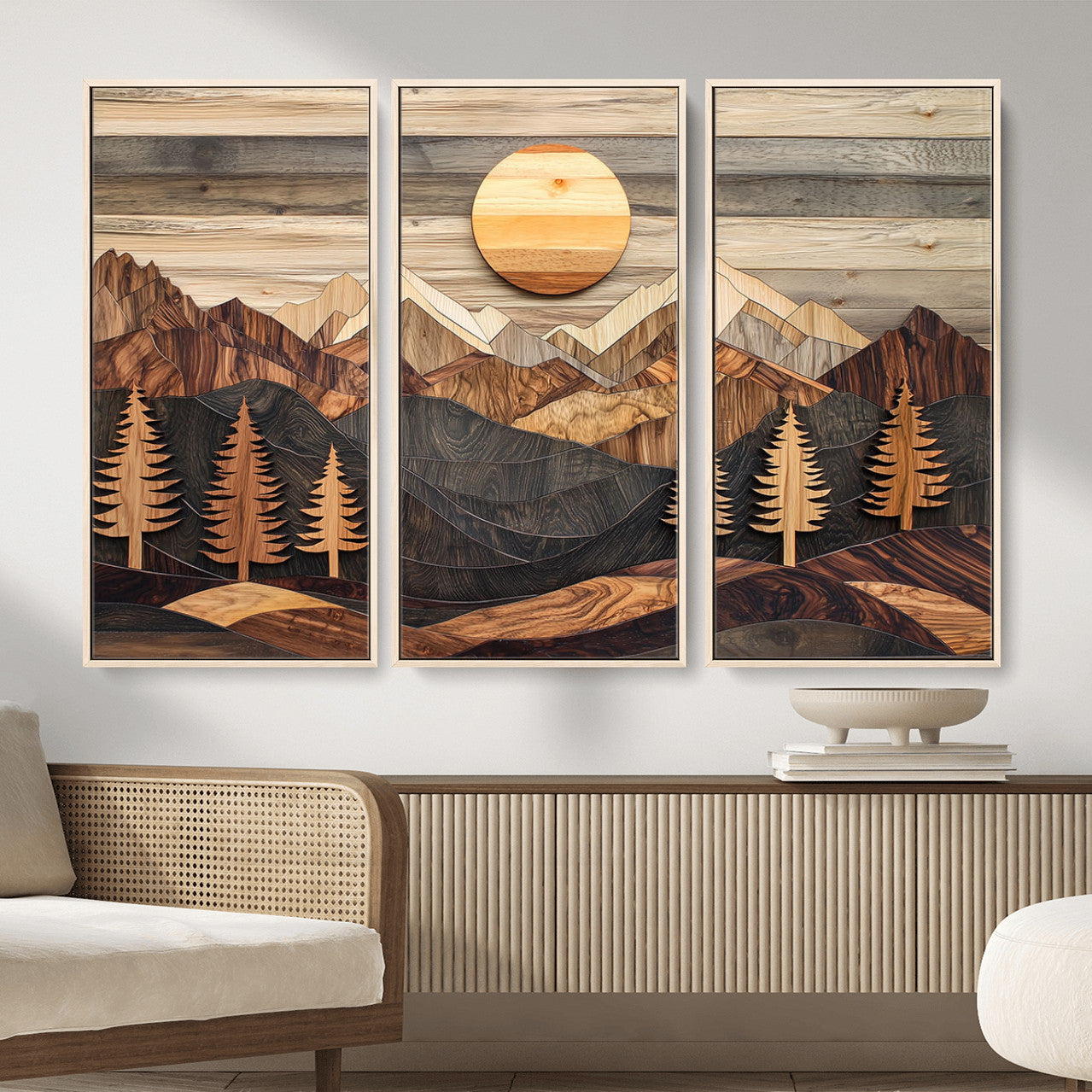 19832326-MGV-FC-48X32-3P - Wooden Mountain Landscape Layered Texture Geometric Shapes Sun Pine Trees Rustic Natural Tones Art