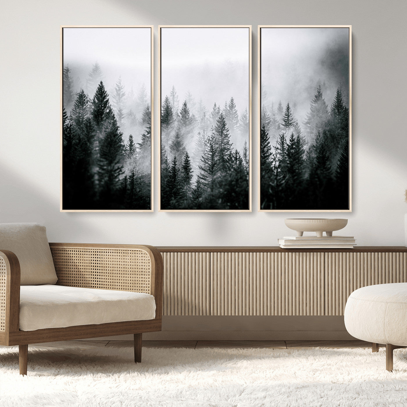 MGV-FC-48X32-3P - Foggy Pine Forest Canvas Wall Art – Black and White Nature Landscape Print, Horizontal Canvas for
