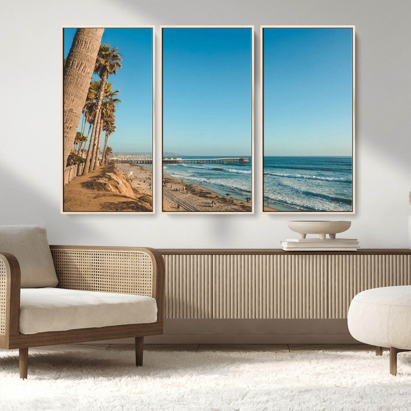 MGV-FC-48X32-3P - Scenic Beach with Tall Palm Trees, Sandy Shore, and Long Pier Stretching into the Calm Ocean Under