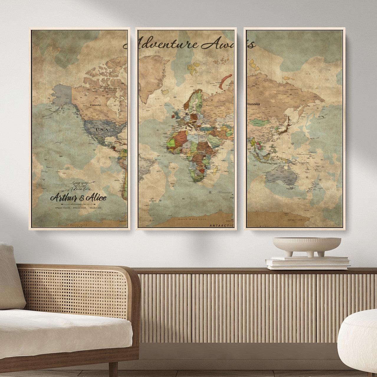 MGV-FC-48X32-3P - Personalized World Map Wall Art Canvas Print – Custom Push Pin Travel Map for Couples, Families, or Office Décor