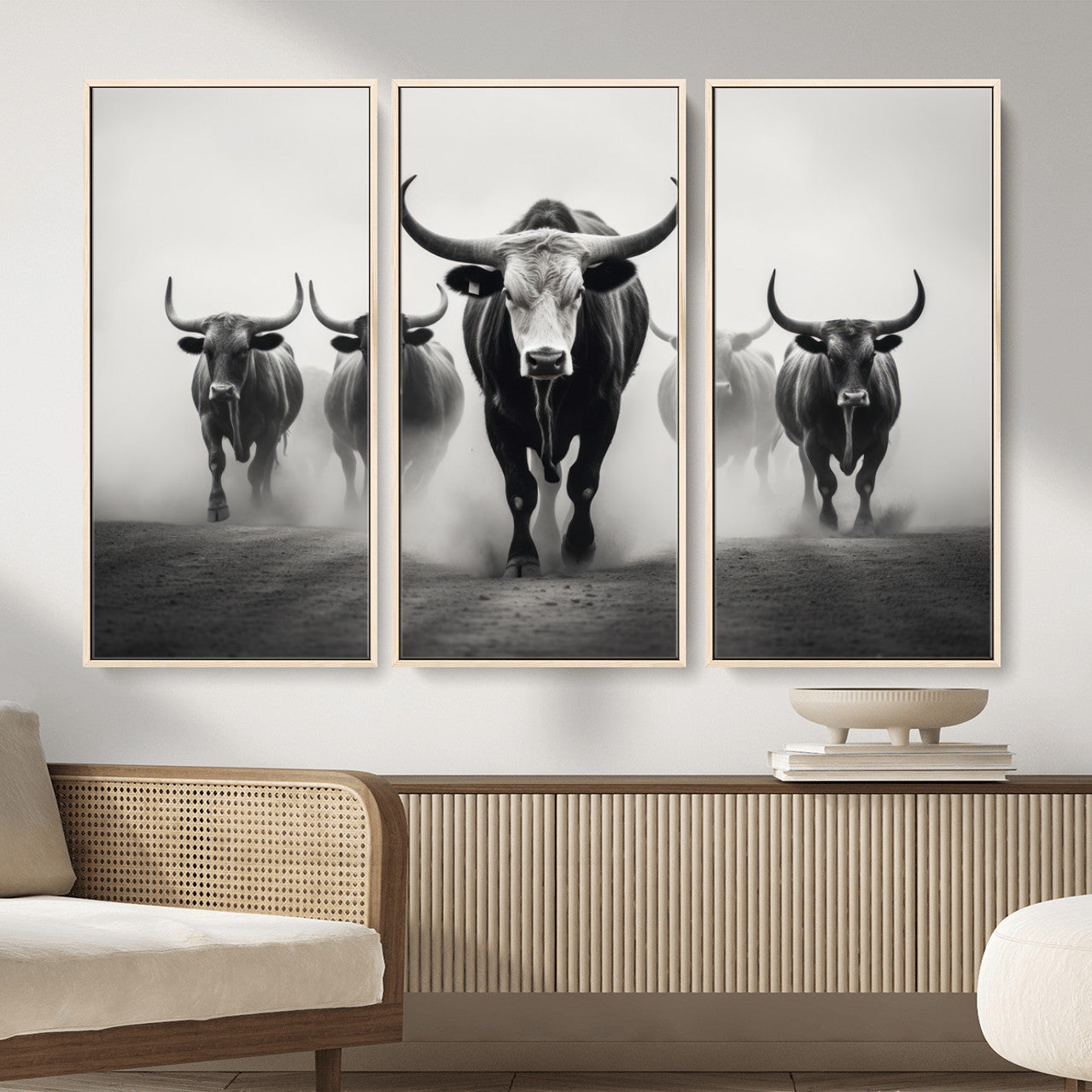 N34534C-MGV-FC-48X32-3P - Texas Bighorn Cow Hern Wall Art Canvas Print, Longhorn Cow Large Wall Art
