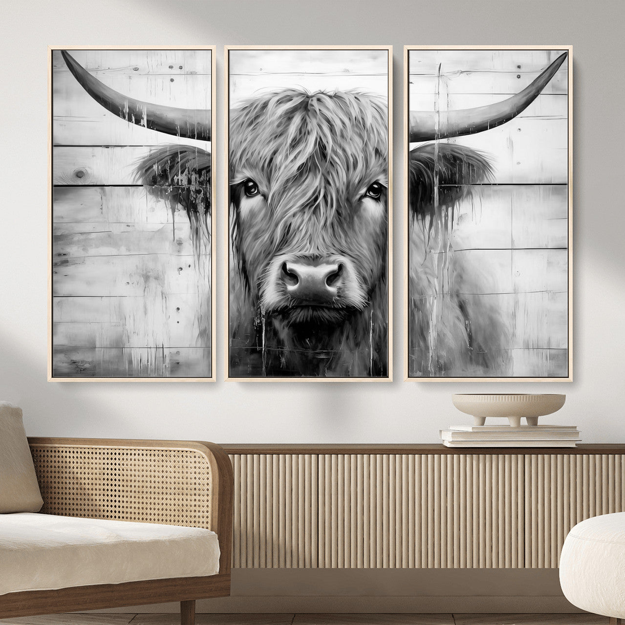 1001HASAN27-MGV-FC-48X32-3P - Black White Highland Cow Wall Art Canvas Print