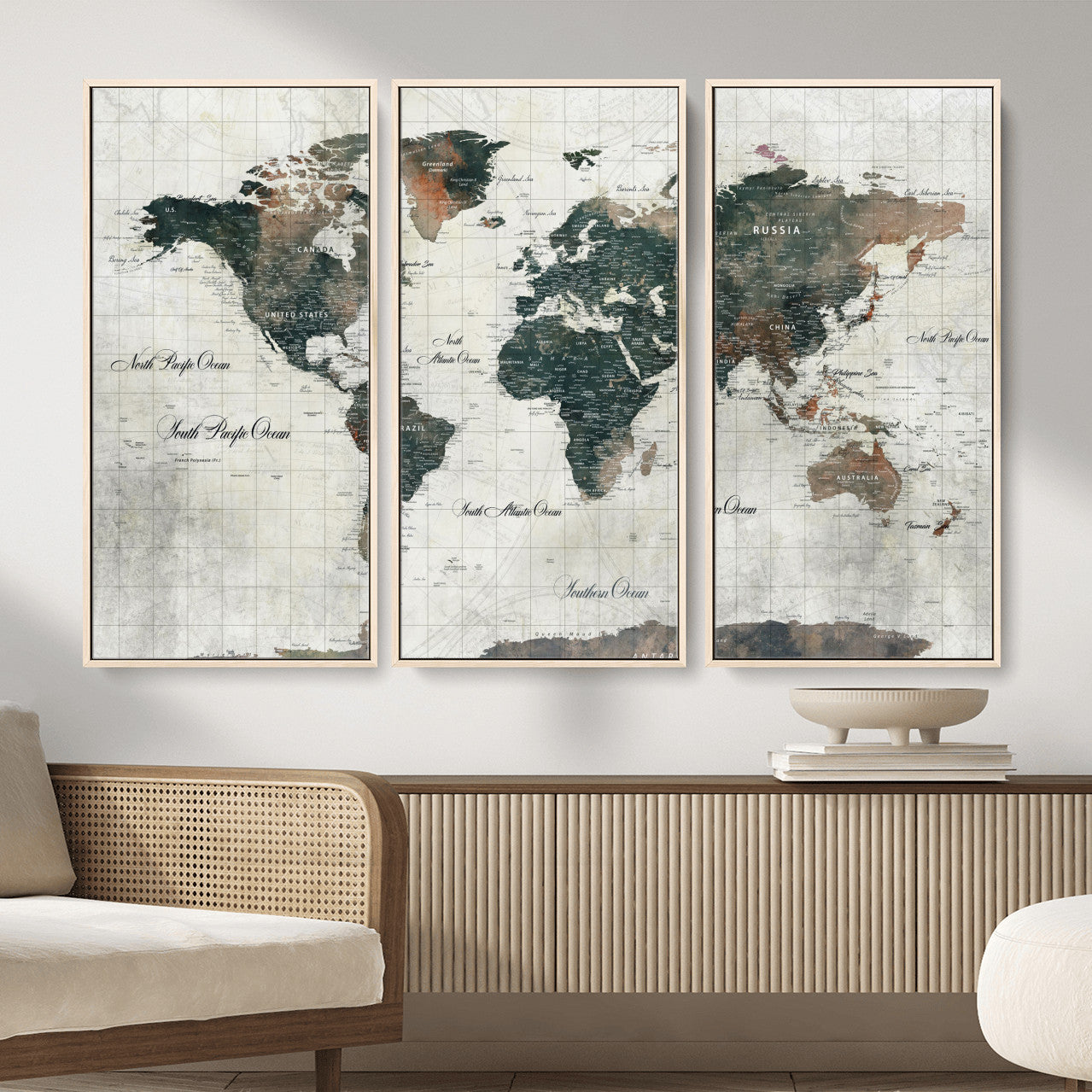 90149079-MGV-FC-48X32-3P - World Map Wall Art Canvas Print, Modern Decorative Framed Map Artwork Prints for Living Room, Office, Bedroom Wall Decor