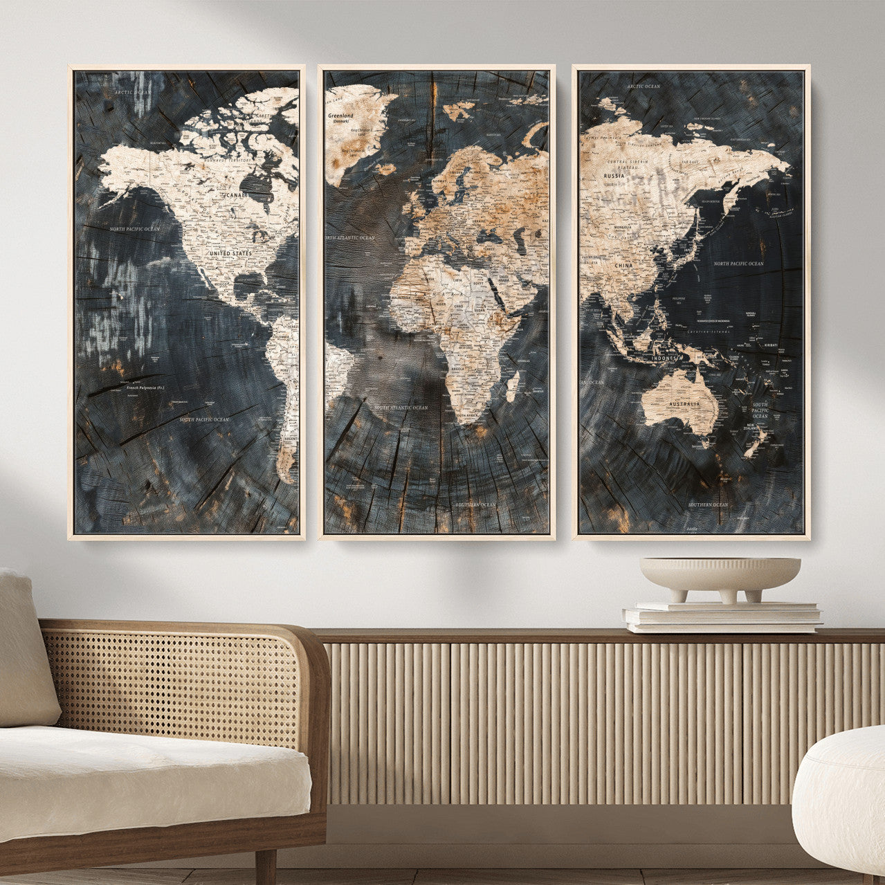 57626704-MGV-FC-48X32-3P - World Map Wall Art Canvas Print, Modern Decorative Framed Map Artwork Prints for Living Room, Office, Bedroom Wall Decor
