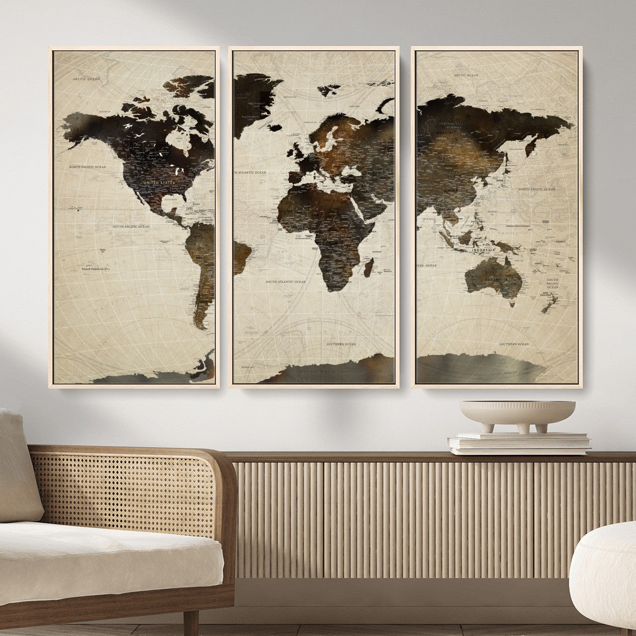 81771296-MGV-FC-48X32-3P - World Map Wall Art Canvas Print, Modern Decorative Framed Map Artwork Prints for Living Room, Office, Bedroom Wall Decor