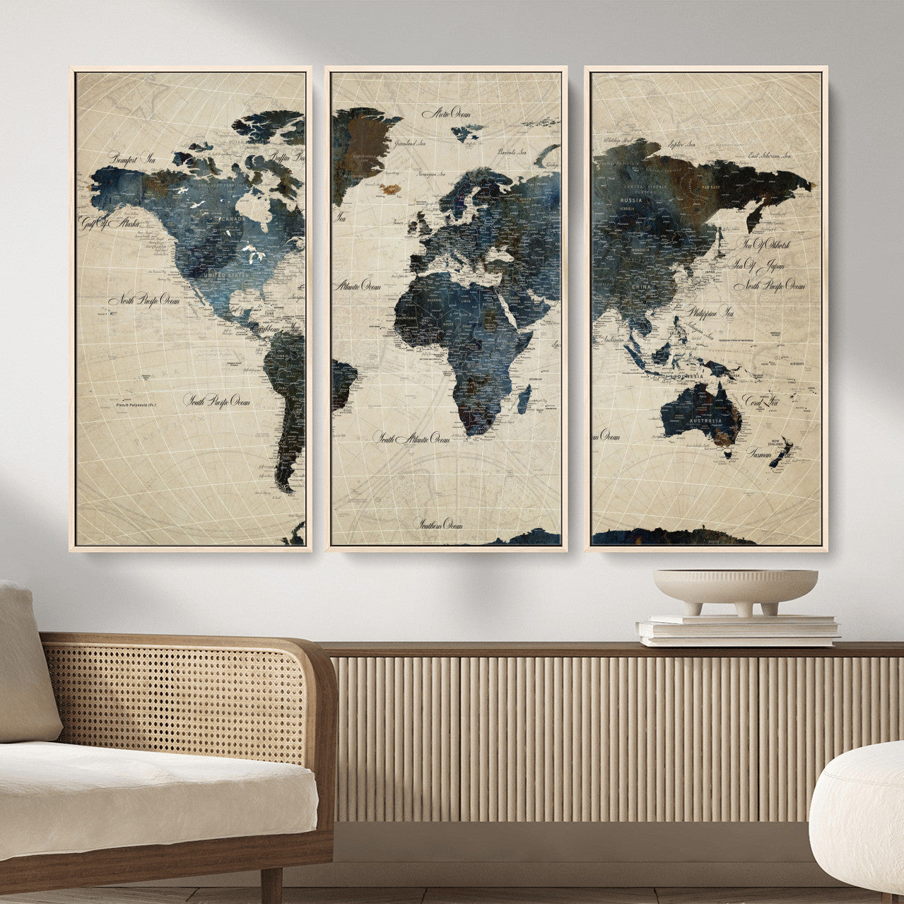 33438443-MGV-FC-48X32-3P - World Map Wall Art Canvas Print, Modern Decorative Framed Map Artwork Prints for Living Room, Office, Bedroom Wall Decor