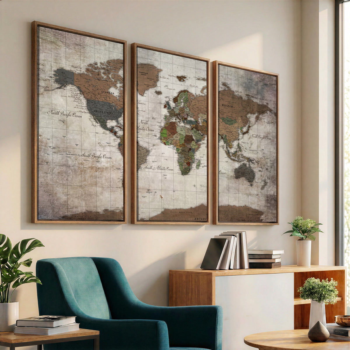 65393892-MGV-CV-36X24 - World Map Wall Art Canvas Print, Modern Decorative Framed Map Artwork Prints for Living Room, Office, Bedroom Wall Decor