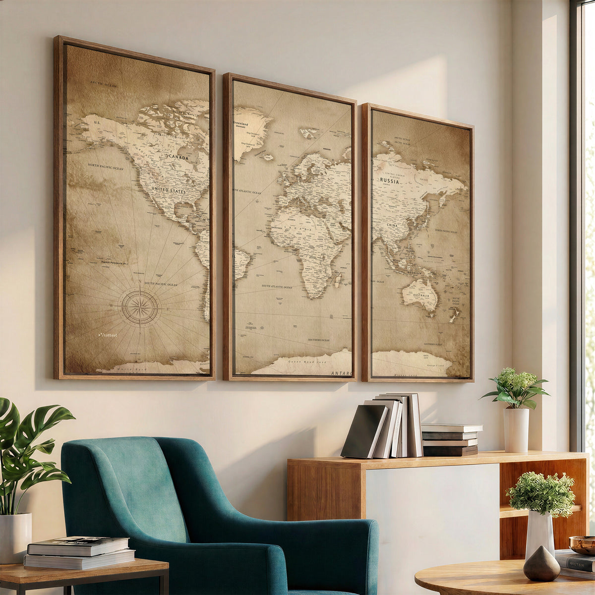 34795134-MGV-CV-36X24 - World Map Wall Art Canvas Print, Modern Decorative Framed Map Artwork Prints for Living Room, Office, Bedroom Wall Decor