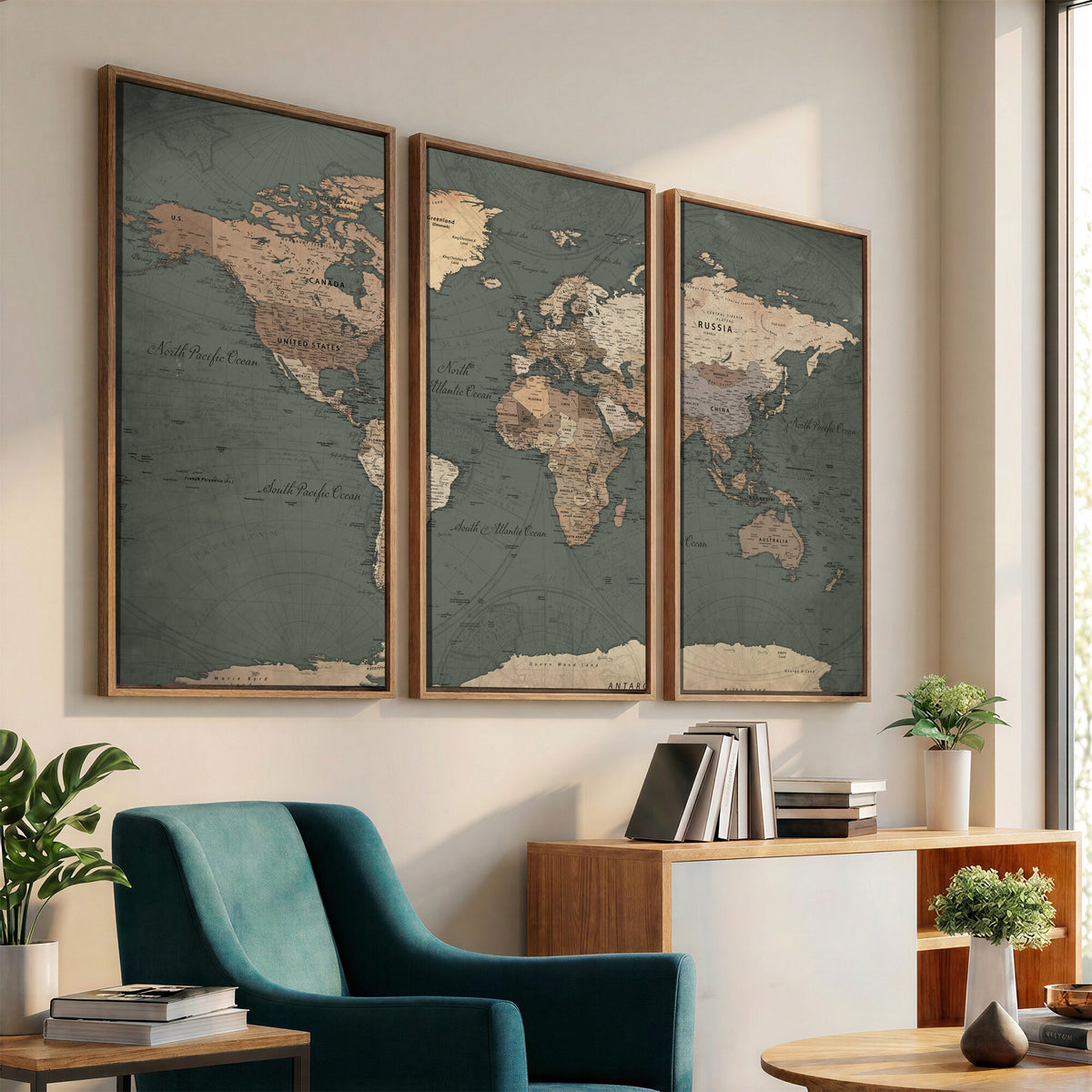 84619399-MGV-CV-36X24 - World Map Wall Art Canvas Print, Modern Decorative Framed Map Artwork Prints for Living Room, Office, Bedroom Wall Decor