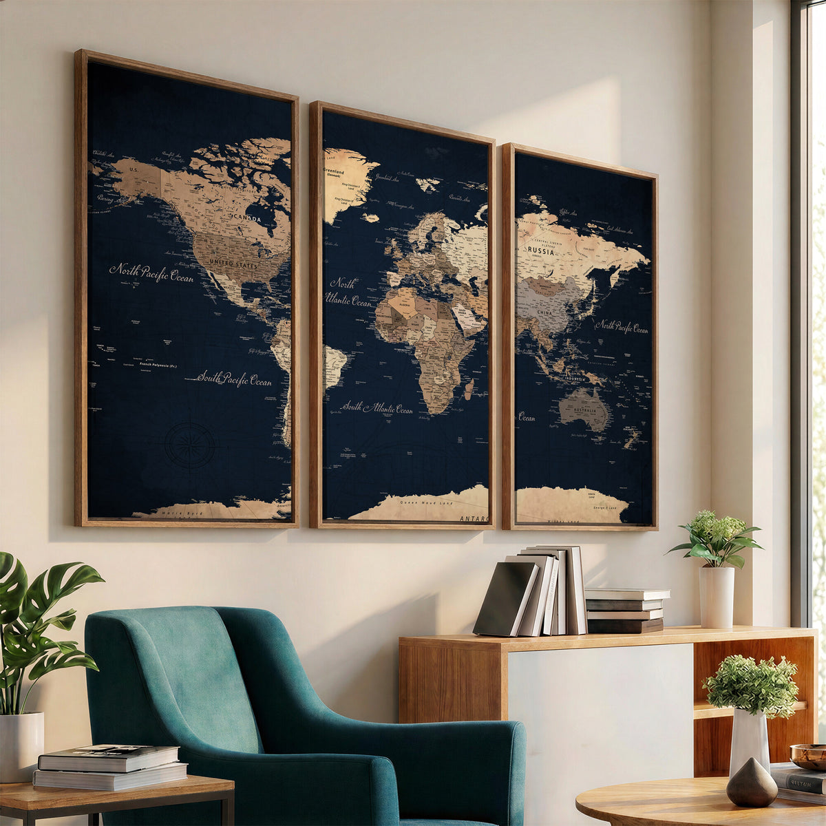 53971530-MGV-CV-36X24 - World Map Wall Art Canvas Print, Modern Decorative Framed Map Artwork Prints for Living Room, Office, Bedroom Wall Decor