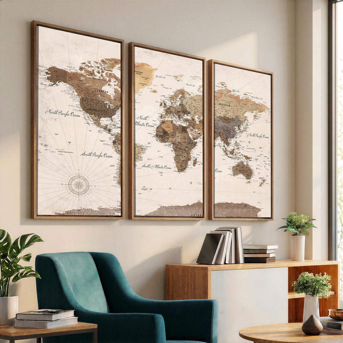 69860078-MGV-CV-36X24 - World Map Wall Art Canvas Print, Modern Decorative Framed Map Artwork Prints for Living Room, Office, Bedroom Wall Decor