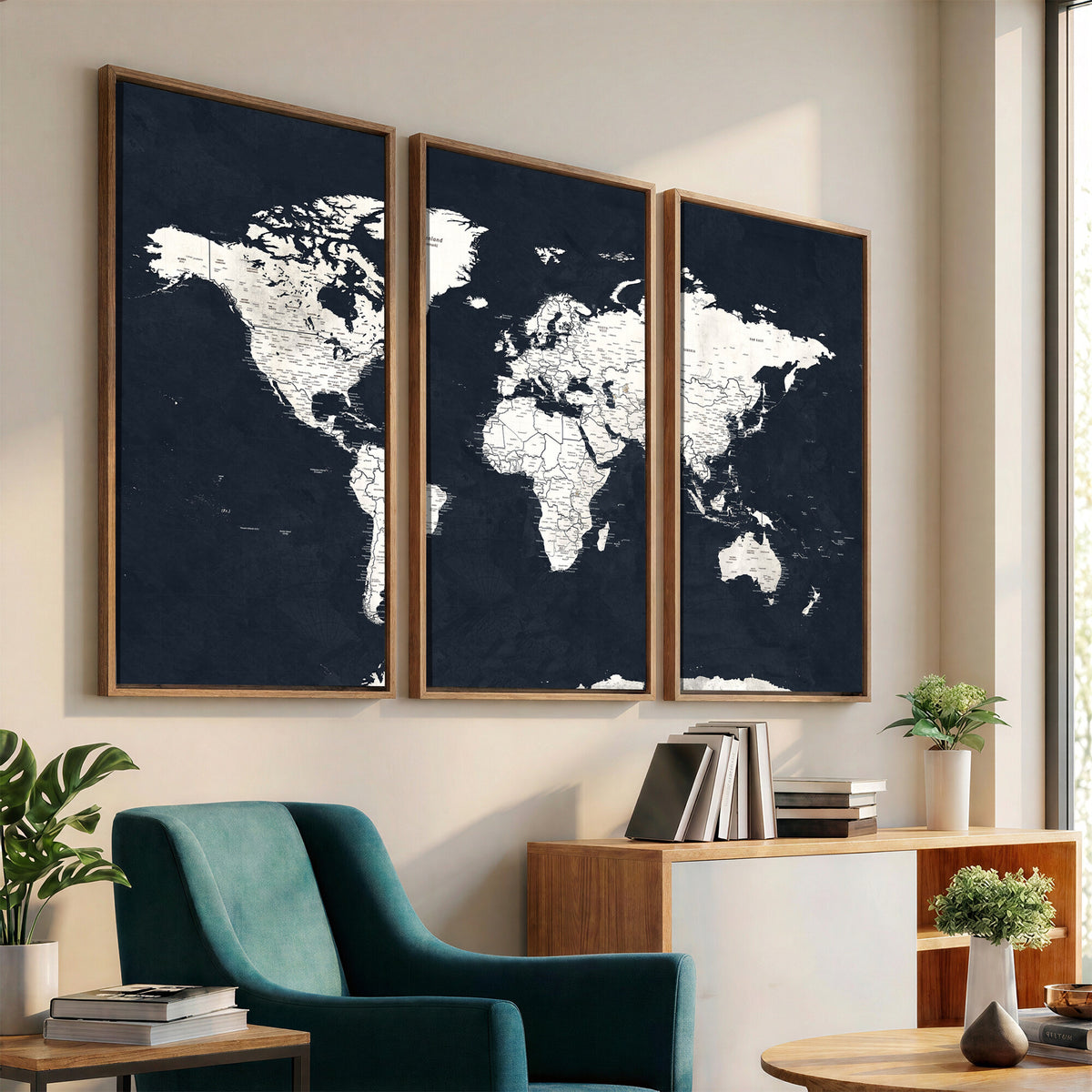 11963807-MGV-CV-36X24 - Black World Map Wall Art Canvas Print for Home Office and Meeting Room Decor