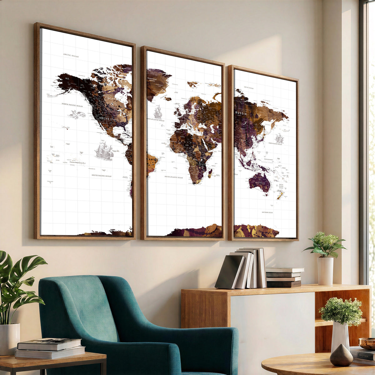 34792695-MGV-CV-36X24 - Rustic World Map Wall Art Canvas Print | Large Vintage Blue World Map on Wood Grain Style Background