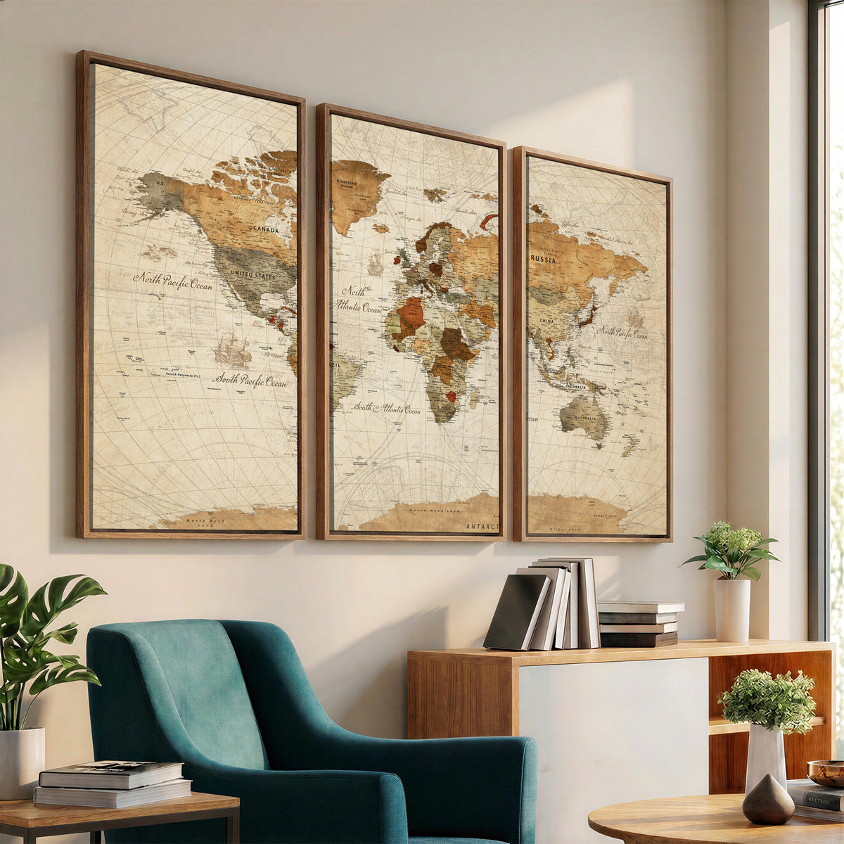 29684537-MGV-CV-36X24 - Vintage World Map Canvas Print, Framed Rustic Detailed Map of the World, Explorer Decor