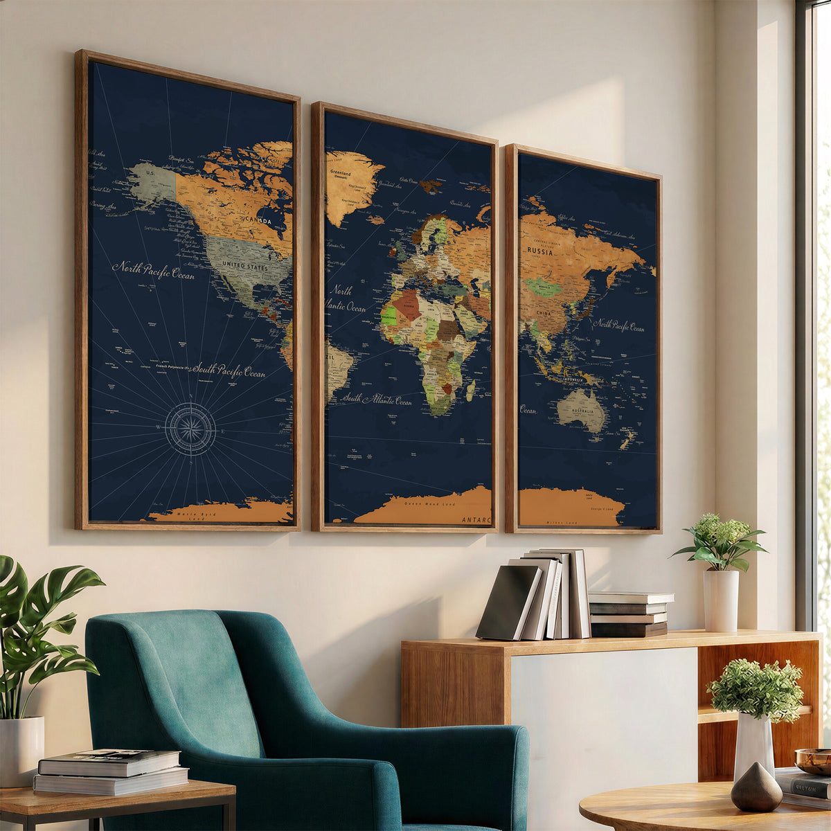 11715182-MGV-CV-36X24 - Modern World Map Canvas Print, Framed Detailed Map of the World Wall Art