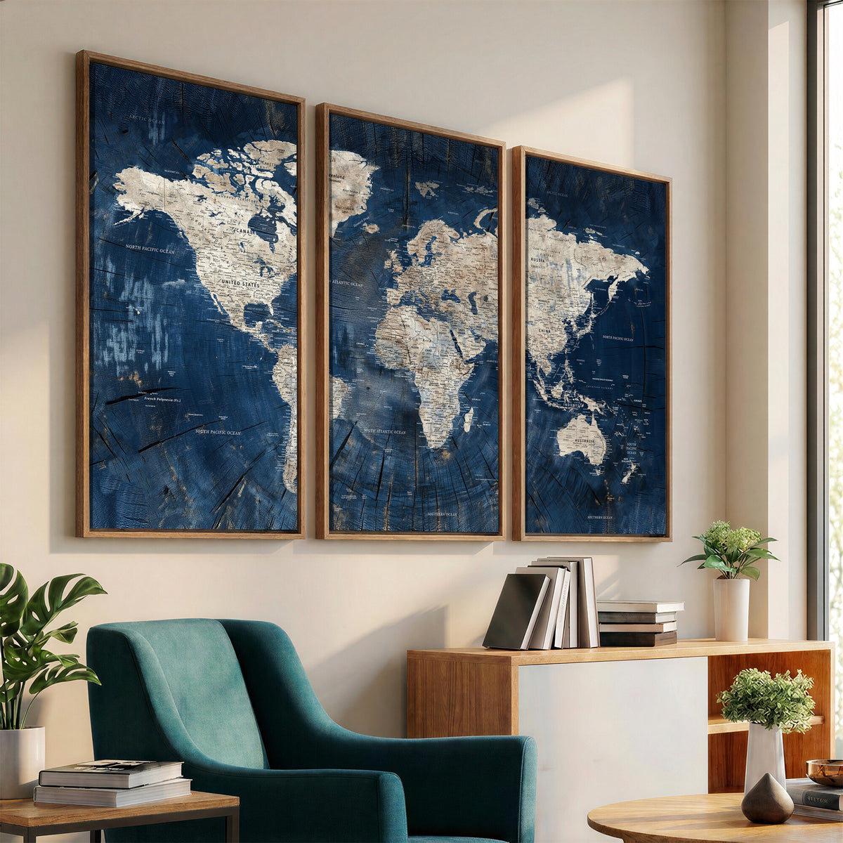 56126010-MGV-CV-36X24 - Large Blue World Map Wall Art Canvas Print for Home Office