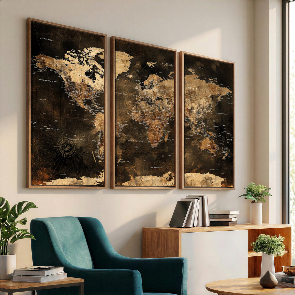 97742922-MGV-CV-36X24 - World Map Canvas Print, Modern Decorative Framed Map Artwork