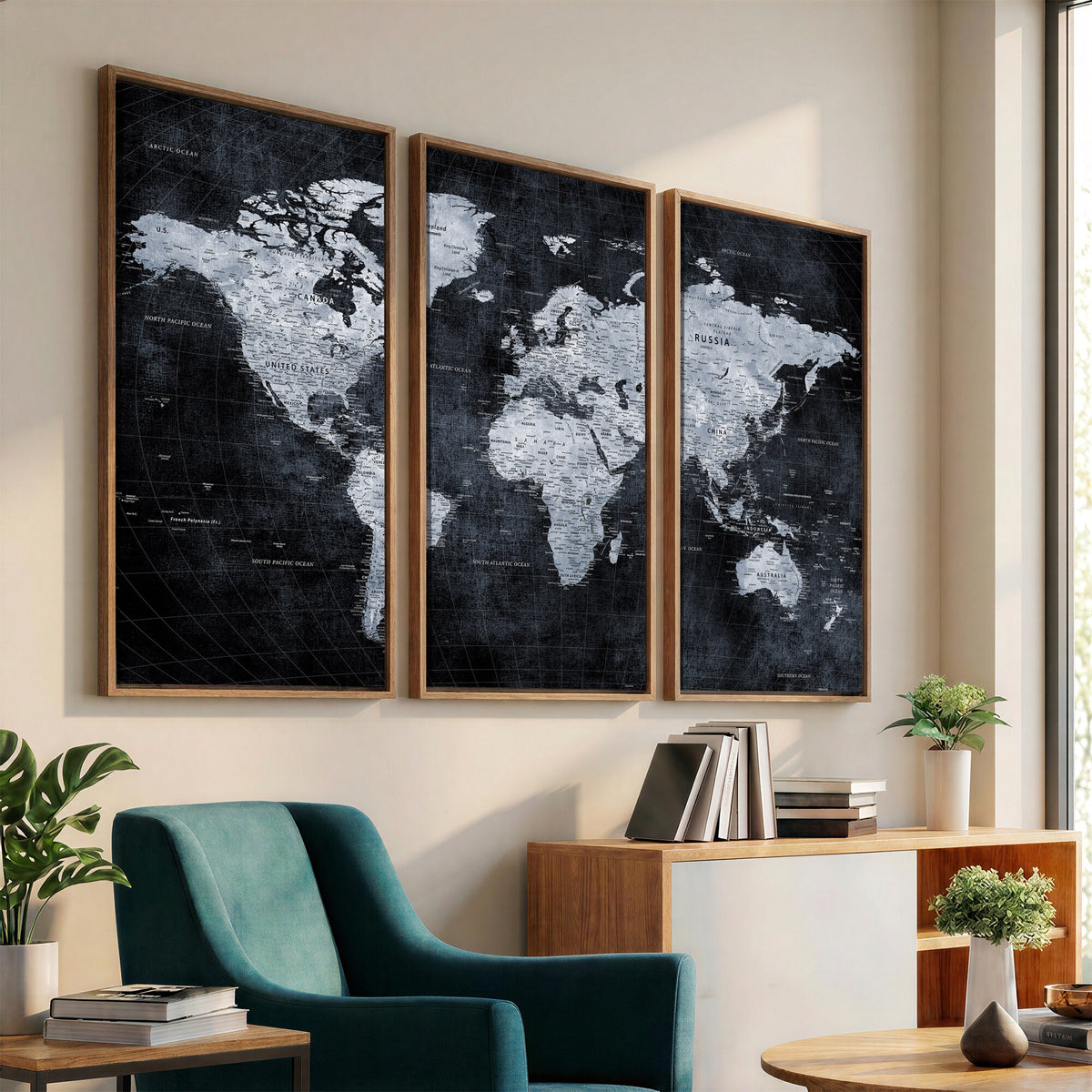 86893704-MGV-CV-36X24 - Black World Map Canvas Print | Detailed Map for Couples and Anniversary Gift