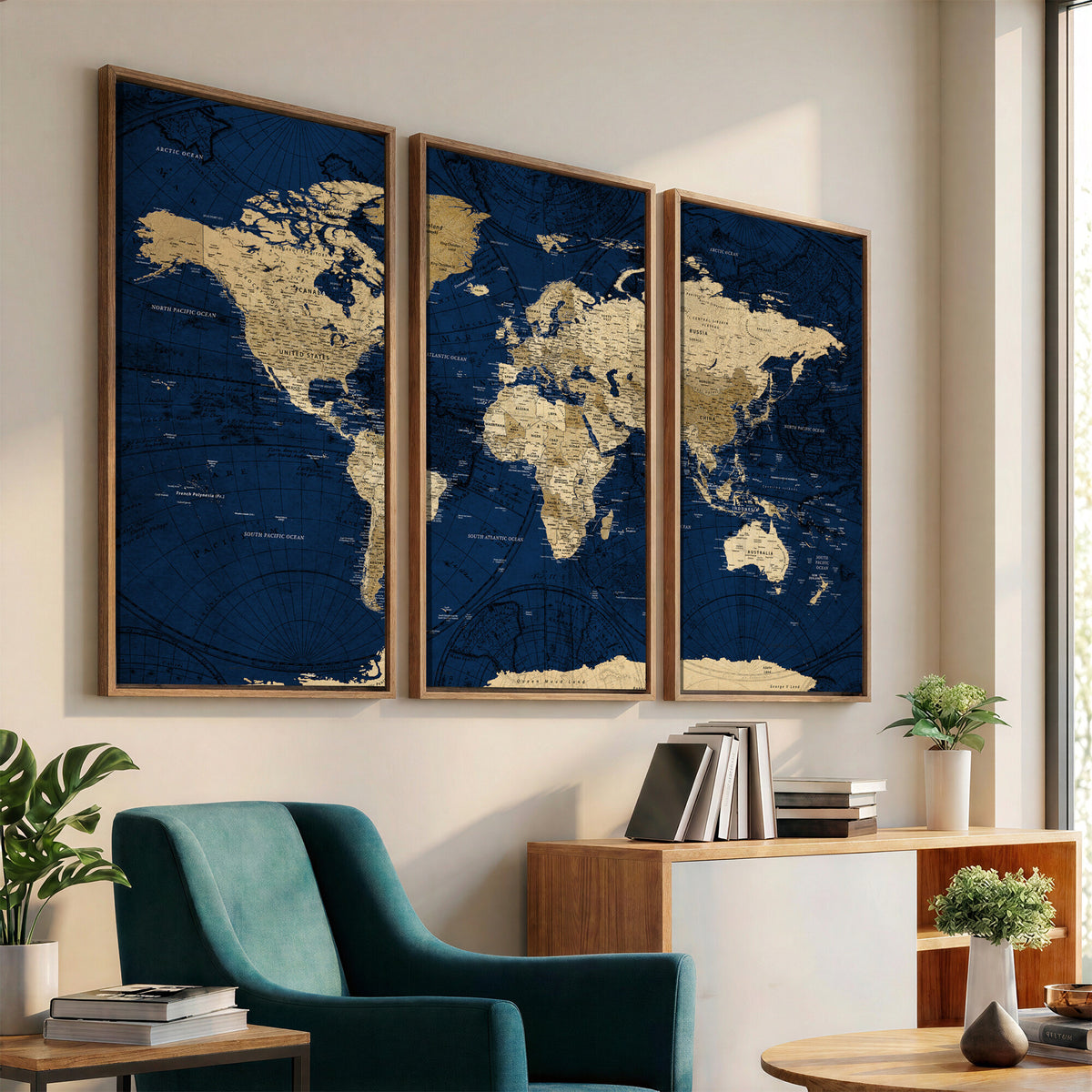 54770746-MGV-CV-36X24 - Navy Blue World Map Canvas Print – Detailed Map Minimal Navy
