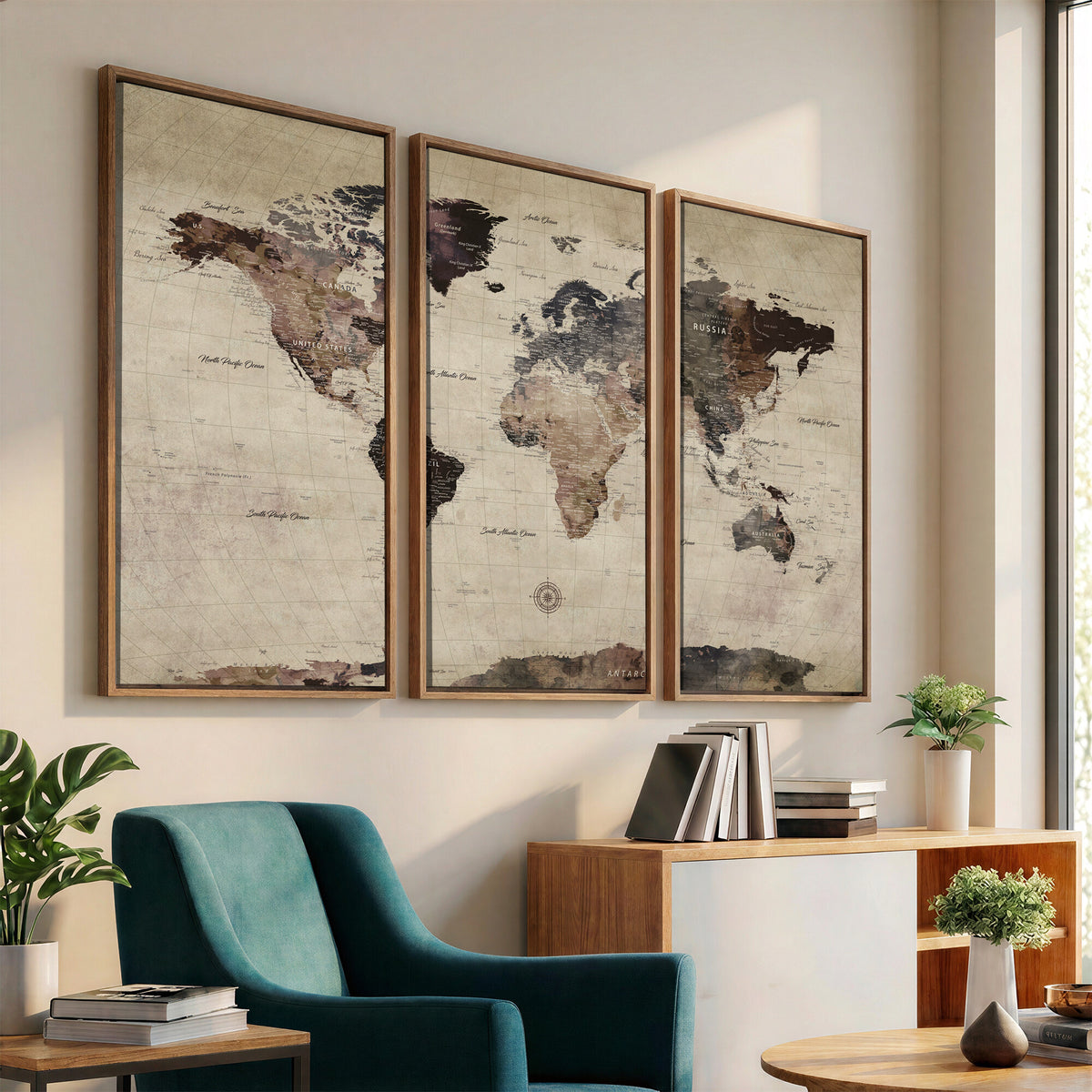 60560672-MGV-CV-36X24 - World Map Wall Art Canvas Print, Modern Decorative Framed Map Artwork Prints for Living Room, Office, Bedroom Wall Decor