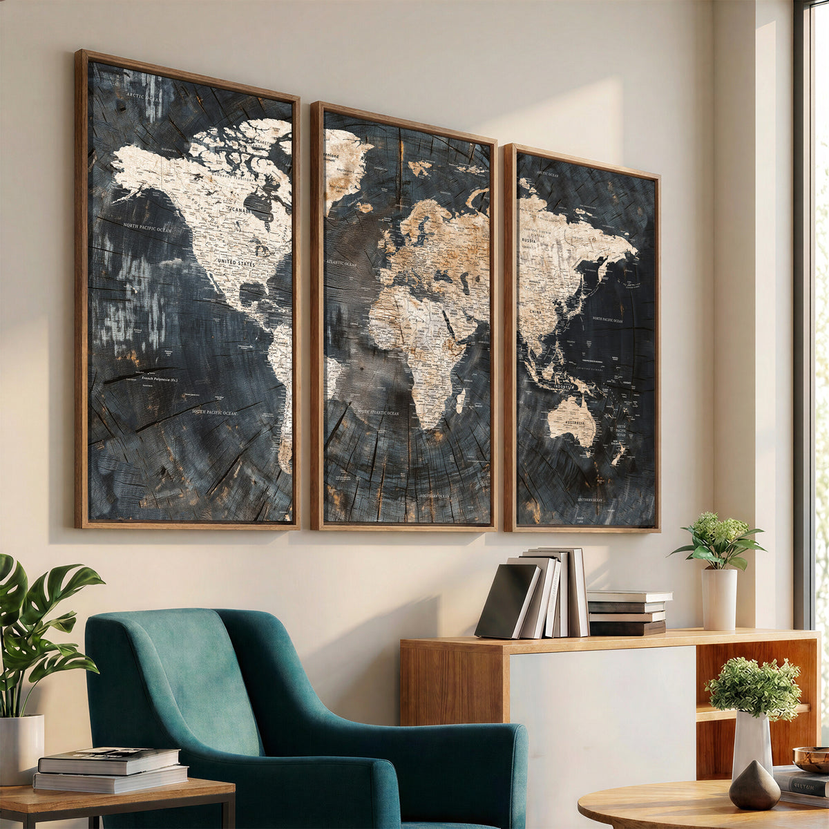 89162112-MGV-CV-36X24 - World Map Wall Art Canvas Print, Modern Decorative Framed Map Artwork Prints for Living Room, Office, Bedroom Wall Decor