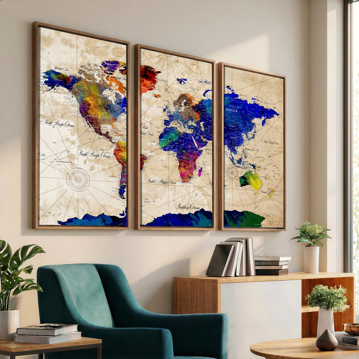 26284075-MGV-CV-36X24 - World Map Wall Art Canvas Print, Modern Decorative Framed Map Artwork Prints for Living Room, Office, Bedroom Wall Decor