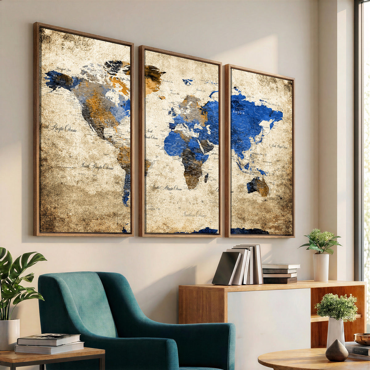 27314341-MGV-CV-36X24 - World Map Wall Art Canvas Print, Modern Decorative Framed Map Artwork Prints for Living Room, Office, Bedroom Wall Decor
