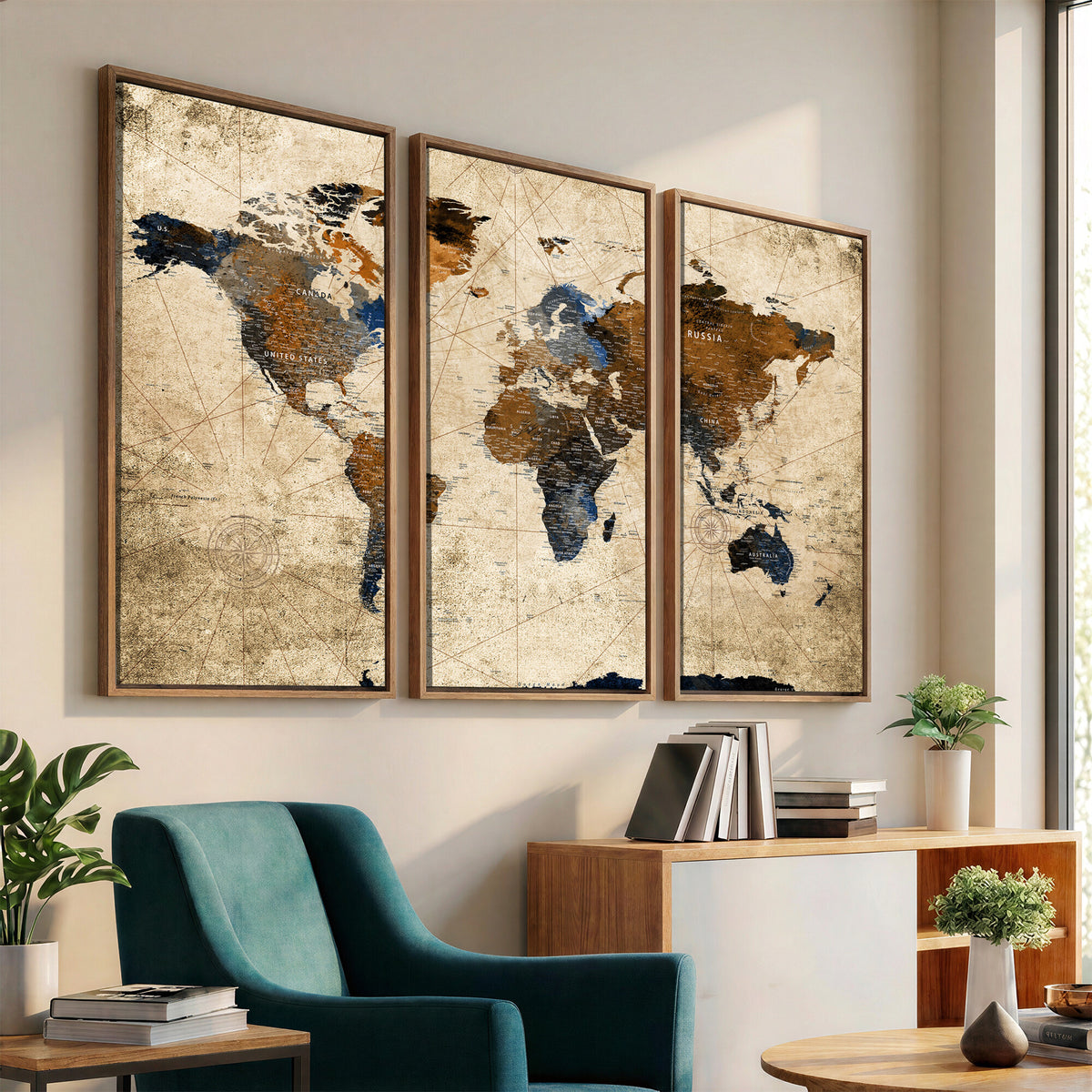 27163414-MGV-CV-36X24 - World Map Wall Art – Rustic Earth Tone Canvas Print, Antique