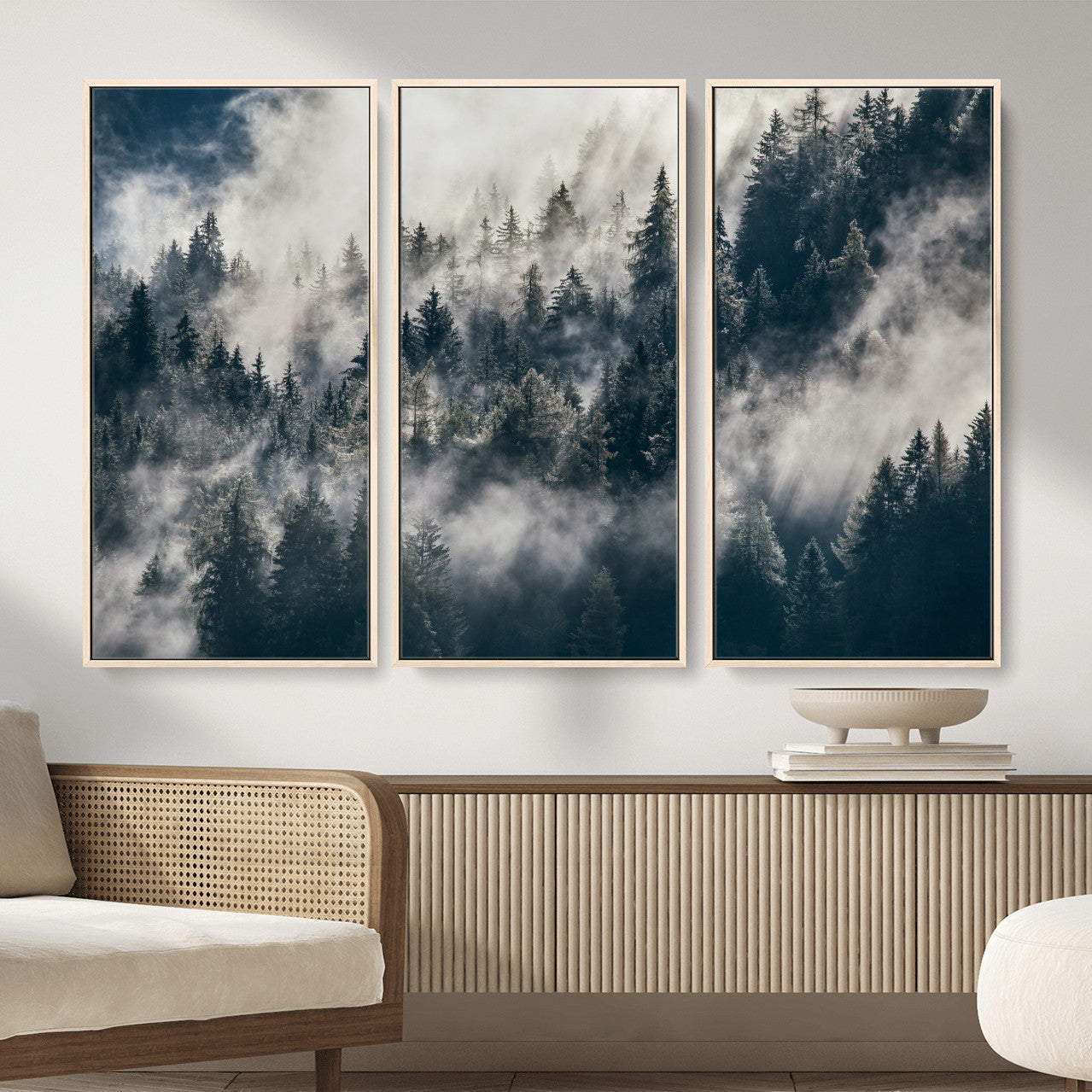 63405824-MGV-CV-36X24 - Foggy Mountain Forest Canvas Print, Misty Pine Trees Nature Wall Art, Framed Canvas Ready to Hang