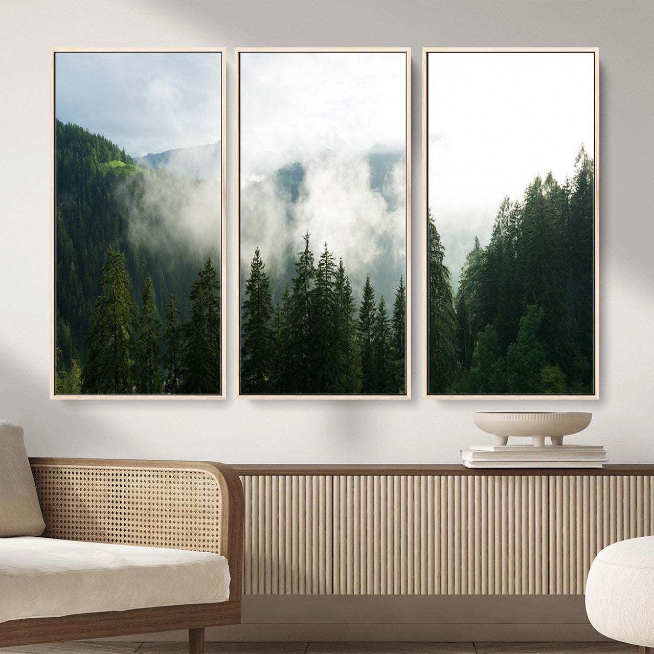 67174129-MGV-CV-36X24 - Misty Mountain Forest Canvas Print, Foggy Pine Trees Nature Wall Art, Framed Canvas Ready to Hang