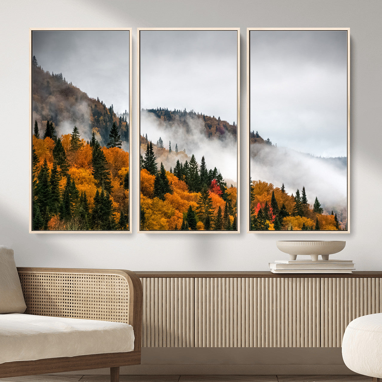 93581632-MGV-CV-36X24 - Autumn Forest Wall Art Canvas Print, Foggy Mountain Landscape Nature Photography, Framed Wall Art Ready to Hang