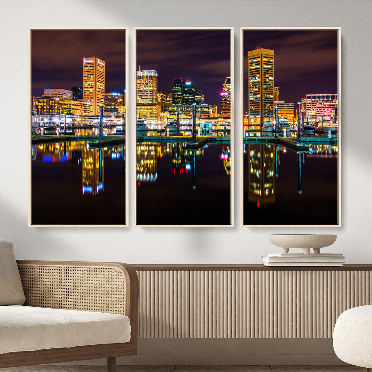 38201692-MGV-CV-36X24 - Baltimore Skyline Wall Art Canvas Print, Baltimore Downtown Night Cityscape Print for Modern Urban Wall Decor