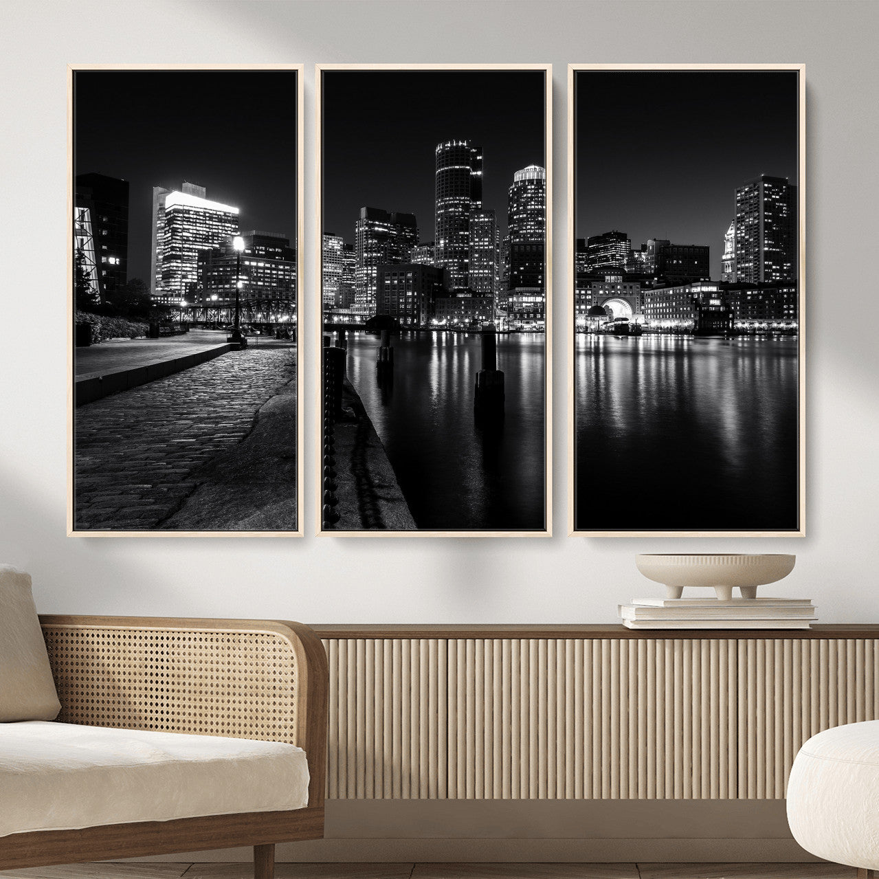 53082656-MGV-CV-36X24 - Boston Wall Art Canvas Print, Boston City Downtown Night Cityscape Print for Modern Urban Wall Decor
