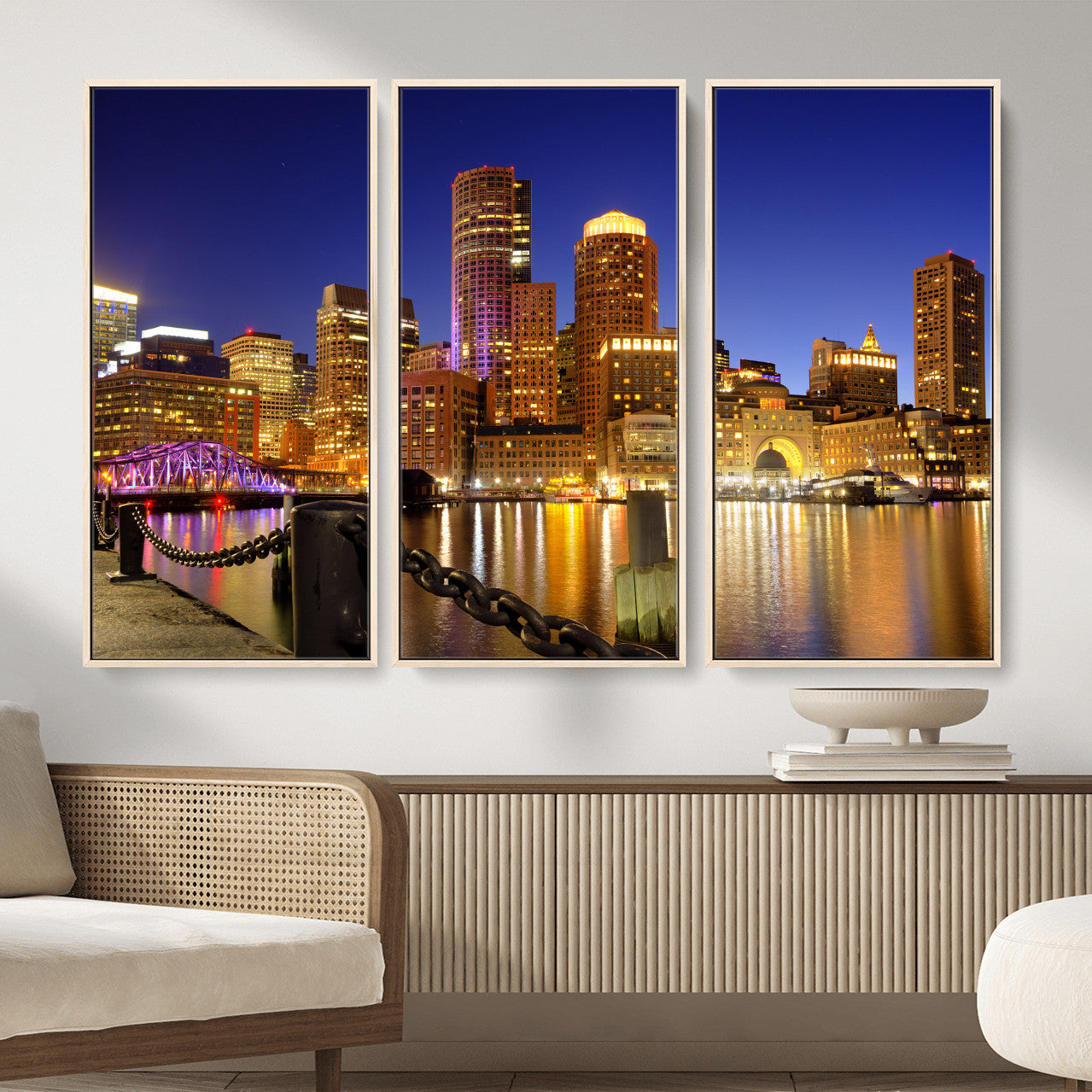 56611117-MGV-CV-36X24 - Boston Wall Art Canvas Print, Boston City Downtown Night Cityscape Print for Modern Urban Wall Decor