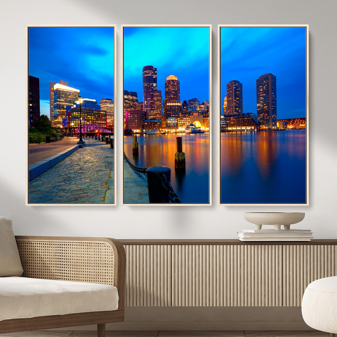 69619565-MGV-CV-36X24 - Boston Wall Art Canvas Print, Boston City Downtown Night Cityscape Print for Modern Urban Wall Decor
