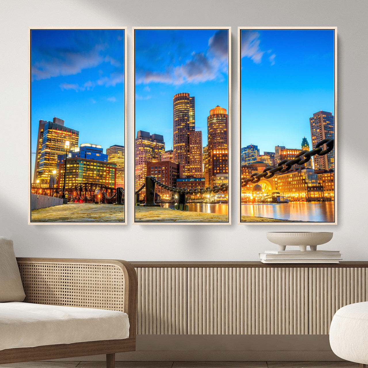 46736409-MGV-CV-36X24 - Boston Wall Art Canvas Print, Boston City Downtown Night Cityscape Print for Modern Urban Wall Decor