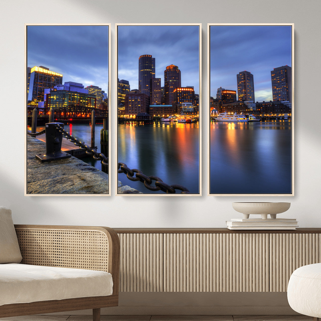 82439622-MGV-CV-36X24 - Boston Wall Art Canvas Print, Boston City Downtown Night Cityscape Print for Modern Urban Wall Decor