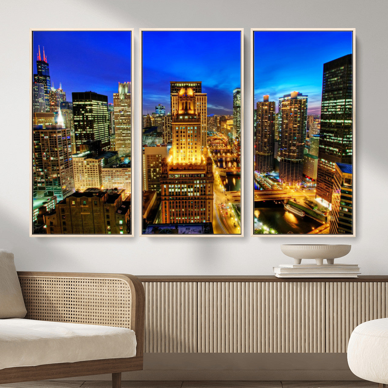 46298885-MGV-CV-36X24 - Chicago Wall Art Canvas Print, Chicago City Downtown Night Cityscape Print for Modern Urban Wall Decor