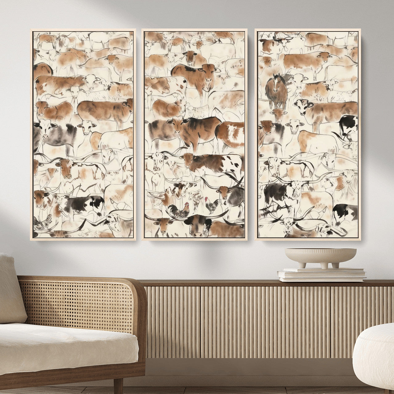 69961368-MGV-CV-36X24 - Farmhouse Animals Wall Art Canvas Print - Abstract Farm Animal Drawing Mid-Century Wall Art for Cabin Decor