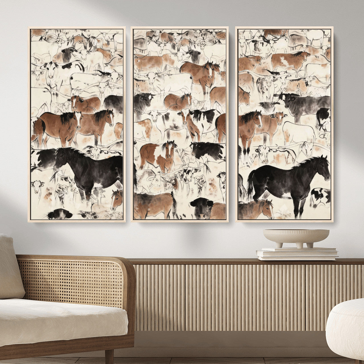 74171578-MGV-CV-36X24 - Farmhouse Animals Wall Art Canvas Print - Abstract Farm Animal Drawing Mid-Century Wall Art for Cabin Decor