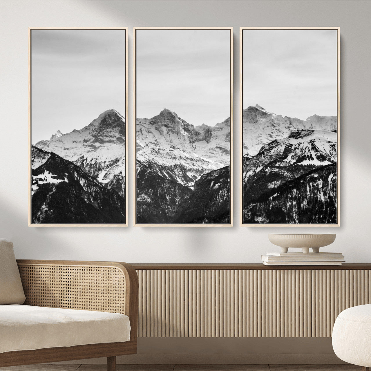 85684934-MGV-CV-36X24 - Black and White Mountain Wall Art Canvas Print, Snowy Alpine Peaks Landscape Photography, Minimal Monochrome Mountain Art, Scenic Nature Wall Decor