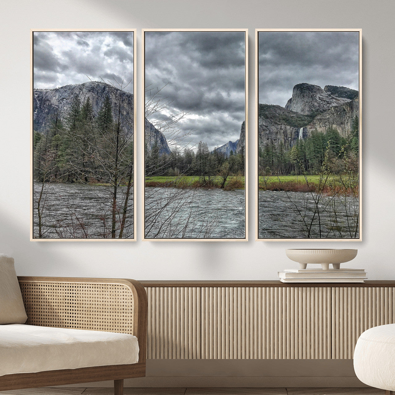 75582552-MGV-CV-36X24 - Yosemite Valley River Landscape Wall Art Canvas Print, Granite Cliffs Forest River Canvas Print, California National Park Moody Scenic Art Printi