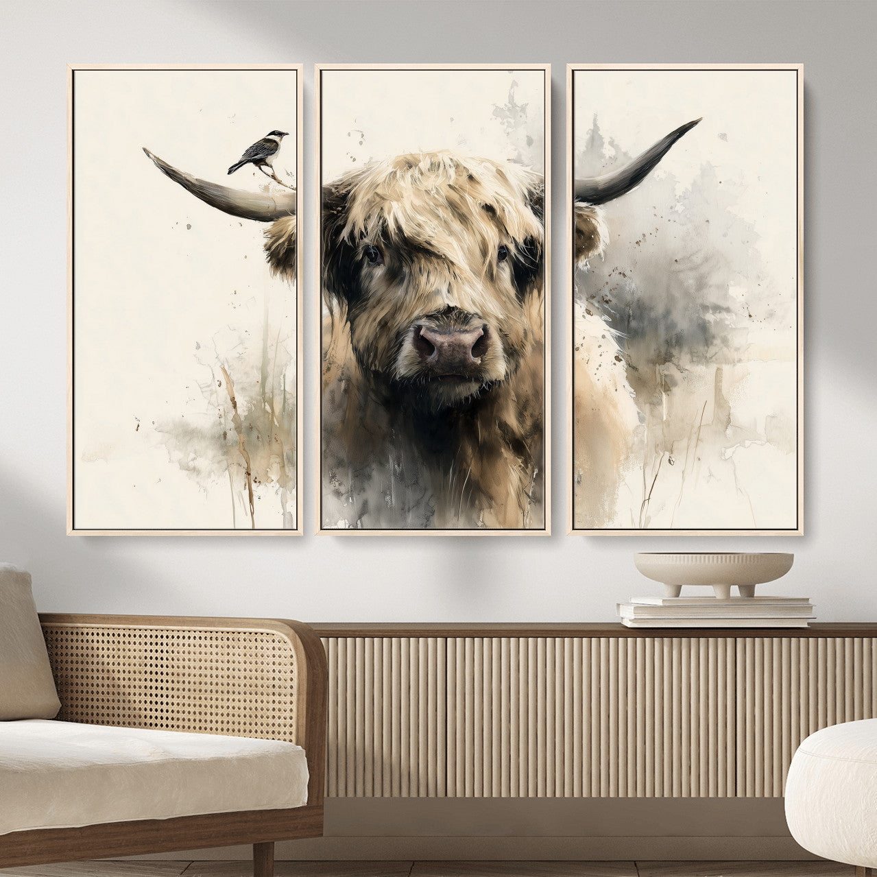 98249290-MGV-CV-36X24 - Abstract Highland Cow Watercolor Animal Wall Art Canvas Print, Rustic Farm Cattle Portrait Canvas Print, Neutral Wildlife Farmhouse Art Printing
