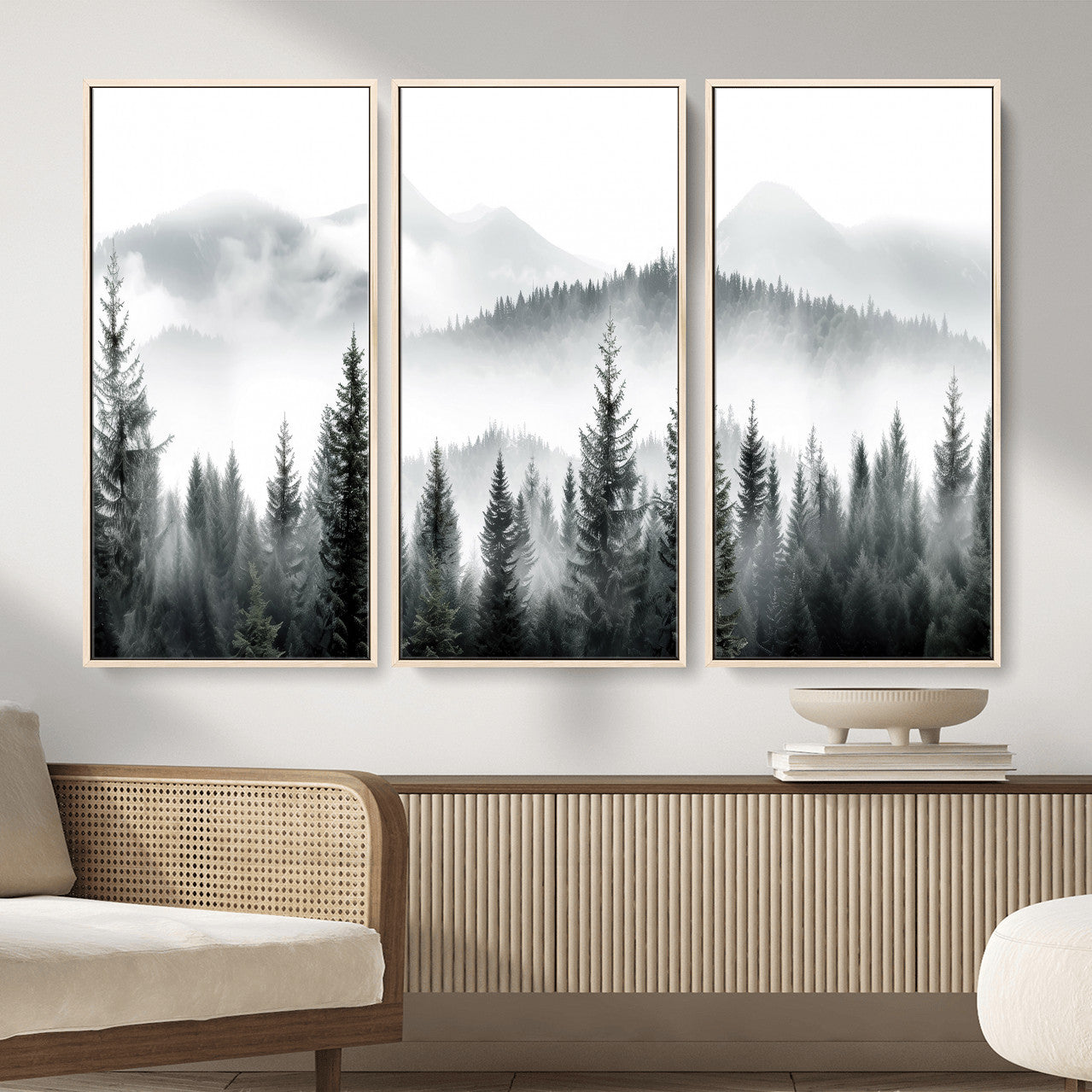 38819032-MGV-CV-36X24 - Misty Pine Forest Mountain Landscape Wall Art Canvas Print, Foggy Evergreen Trees Minimal Nature Canvas Print, Monochrome Wilderness Scenic Art Printing