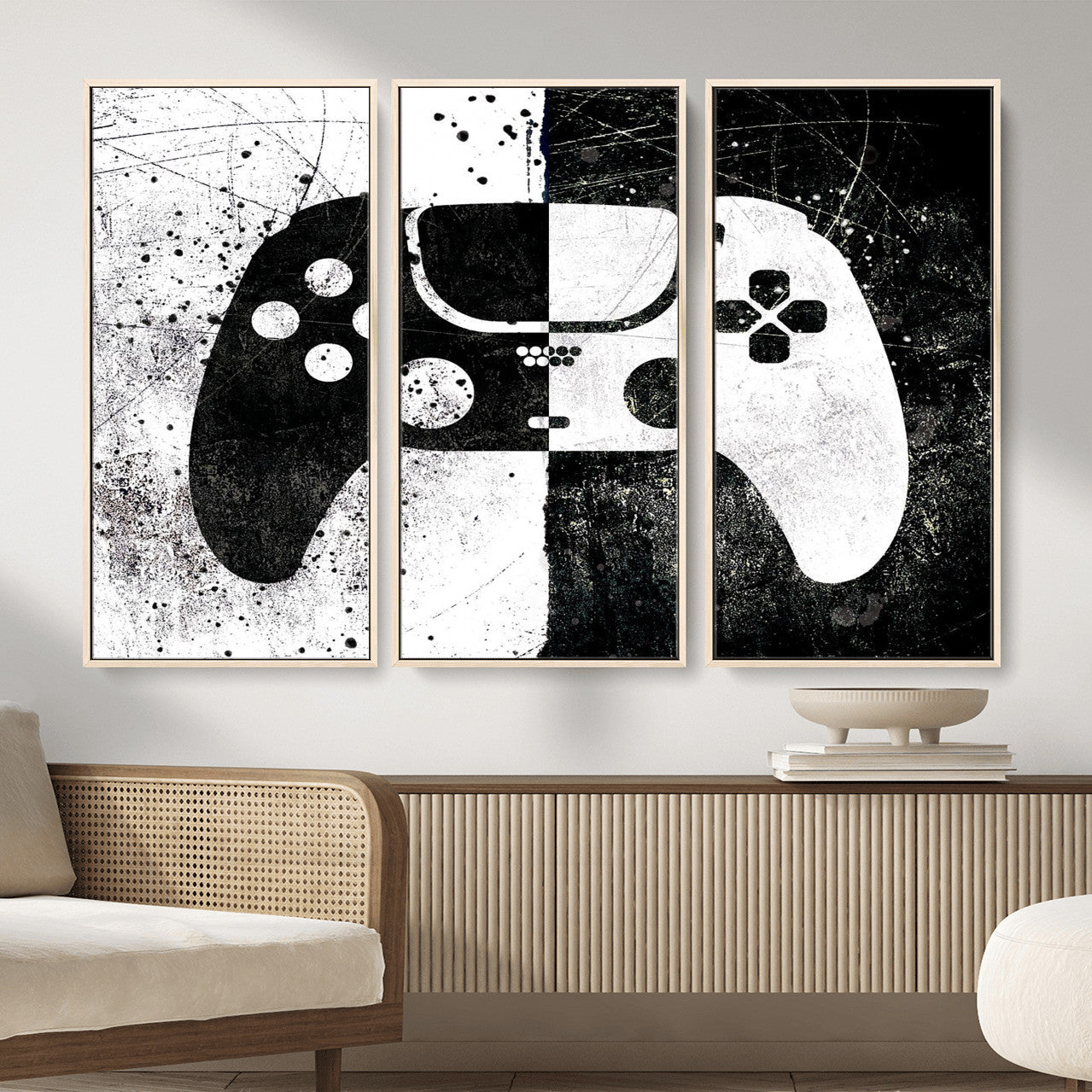 17525128-MGV-CV-36X24 - Abstract Gaming Controller Wall Art Canvas Print, Black White Video Game Controller Modern Canvas Print, Minimal Gamer Graphic Art Printing