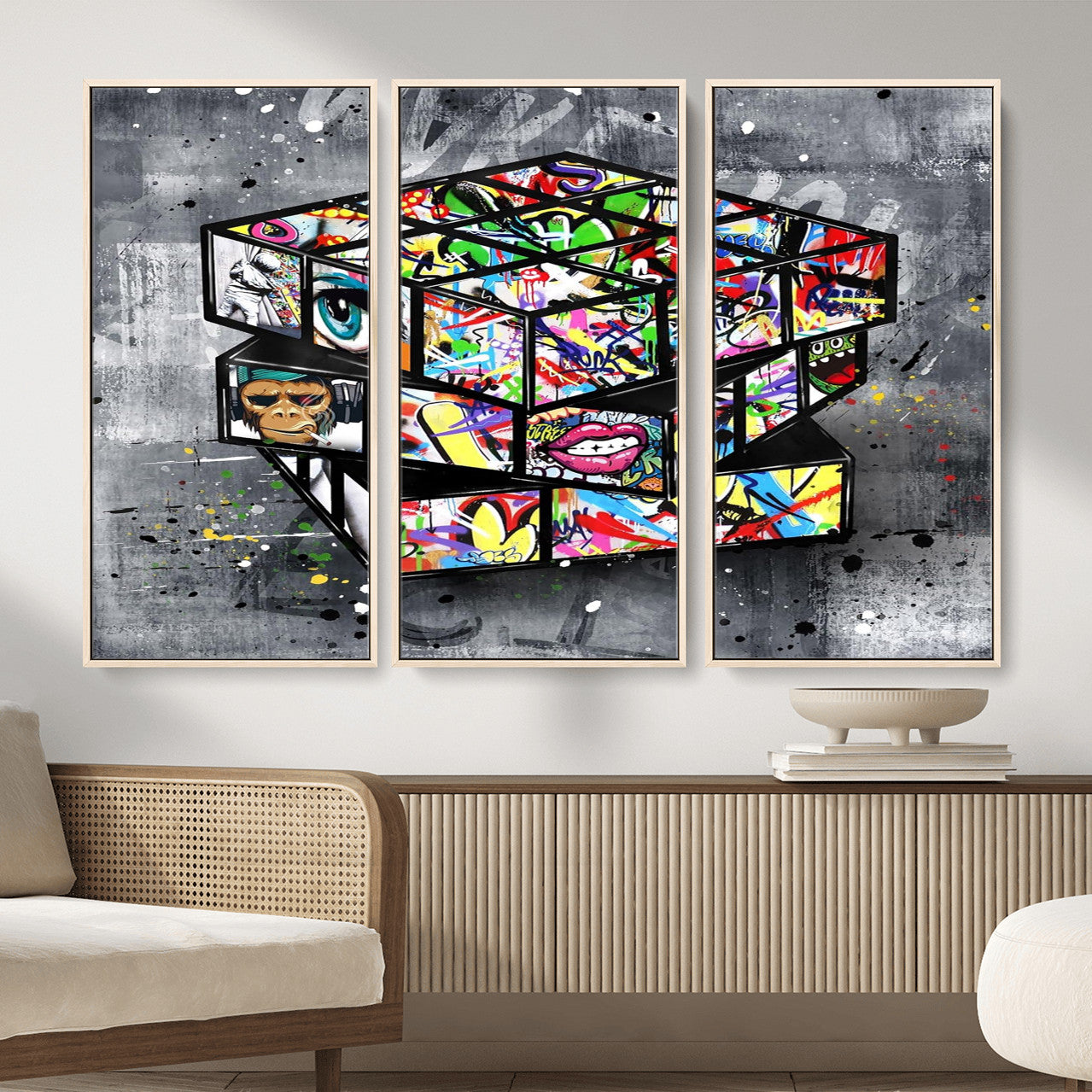 46789556-MGV-CV-36X24 - Graffiti Cube Abstract Street Art Wall Art Canvas Print, Colorful Urban Pop Art Geometric Canvas Print, Modern Street Art Contemporary Art Printing